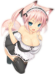 Rule 34 | 1girl, animal ears, bare shoulders, black thighhighs, blue eyes, breasts, cleavage, fang, fox ears, fox tail, kabocha head, looking at viewer, open mouth, original, pink hair, short hair, simple background, skirt, slit pupils, smile, solo, tail, thighhighs, tray, twintails, waitress
