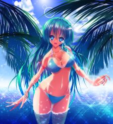 Rule 34 | 1girl, bad anatomy, bad hands, bad id, bad pixiv id, bad proportions, bikini, blue eyes, breasts, female focus, frog, green hair, highres, jewelry, kochiya sanae, lens flare, long hair, navel, necklace, palm tree, pendant, ring, snake, solo, sousakubito, submerged, swimsuit, touhou, tree, very long hair, wading, water