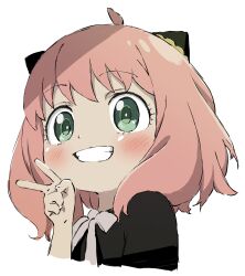 Rule 34 | 1girl, absurdres, ahoge, anya (spy x family), black dress, blush, dress, green eyes, hairpods, highres, looking at viewer, mugi0913, pink hair, simple background, smile, solo, spy x family, upper body, v, white background