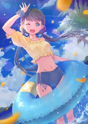 Rule 34 | 1girl, highres, innertube, looking at viewer, love live!, love live! superstar!!, low twintails, macken666, open mouth, sakurakoji kinako, smile, solo, swim ring, swimsuit, twintails