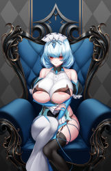 Rule 34 | 1girl, absurdres, areola slip, artist request, asymmetrical legwear, black thighhighs, blue hair, breasts, choker, cowboy shot, dress, fins (pixiv29142276), highres, huge breasts, last origin, light blue hair, looking at viewer, maid headdress, md5 mismatch, mismatched legwear, missing thumbnail, nipples, no bra, panty straps, red eyes, revealing clothes, see-through, shaded face, sitting, solo, thighhighs, thighs, throne, titania frost, underboob, uneven legwear, white thighhighs
