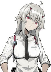 Rule 34 | 1girl, absurdres, ahoge, character request, copyright request, earpiece, grey hair, highres, horns, las91214, long hair, looking at viewer, necktie, parted lips, radio, red eyes, red horns, shirt, simple background, sleeves rolled up, solo, white background, white shirt, wire
