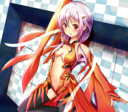 Rule 34 | 10s, 1girl, arm up, bare shoulders, black thighhighs, blush, breasts, center opening, checkered background, cleavage, elbow gloves, female focus, fingerless gloves, gloves, guilty crown, hair ornament, hairclip, light purple hair, long hair, looking at viewer, navel, ok-ray, red eyes, small breasts, solo, thighhighs, yuzuriha inori