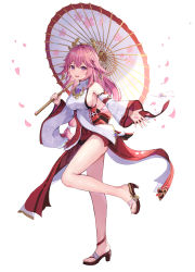 Rule 34 | 1girl, :d, absurdres, animal ears, anklet, armpits, bare legs, bare shoulders, blouse, breasts, cherry blossoms, detached sleeves, earrings, fang, floppy ears, full body, genshin impact, hair ornament, highres, hokori sakuni, holding, japanese clothes, jewelry, kimono, large breasts, leg up, long hair, long sleeves, looking at viewer, miko, oil-paper umbrella, open mouth, outstretched arm, pink hair, purple eyes, sandals, shirt, sideboob, smile, solo, standing, standing on one leg, thighs, umbrella, very long hair, white kimono, white shirt, wide sleeves, yae miko, zouri