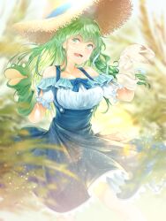 Rule 34 | :d, arkatopia, bare shoulders, blue bow, blue dress, blurry, blurry foreground, bow, braid, breasts, dress, green eyes, green hair, hand puppet, hat, highres, kochiya sanae, large breasts, long hair, open mouth, puppet, shirt, single braid, smile, straw hat, sunlight, suspenders, touhou, white shirt