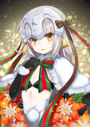 Rule 34 | 1girl, bell, black gloves, blurry, bokeh, bow, capelet, christmas, crescent, depth of field, elbow gloves, eyebrows, fate/grand order, fate (series), flat chest, flower, fur trim, gloves, grey hair, headpiece, highres, hilo (joy hero), jeanne d&#039;arc (fate), jeanne d&#039;arc alter (fate), jeanne d&#039;arc alter santa lily (fate), looking at viewer, night, night sky, parted lips, pilokey, poinsettia, pom pom (clothes), ribbon, short hair, sky, solo, sparkle, star (sky), star (symbol), starry sky, upper body, yellow eyes