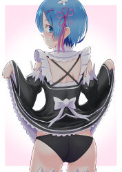 Rule 34 | 1girl, absurdres, ass, bare shoulders, black panties, blue eyes, blue hair, blush, breasts, clothes lift, commentary request, crotch seam, detached sleeves, dress, dress lift, flower hair ornament, frills, from behind, hair ornament, hair over one eye, hair ribbon, highres, lifting own clothes, long sleeves, looking at viewer, looking back, maid, matching hair/eyes, medium breasts, panties, pink ribbon, re:zero kara hajimeru isekai seikatsu, rem (re:zero), ribbon, short hair, sirokohi, solo, thighhighs, turning head, underwear, white thighhighs, x hair ornament