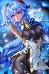 Rule 34 | 1girl, ahoge, arm up, armpits, artist name, ayya sap, bell, blue eyes, blue hair, breasts, commentary, cowboy shot, english commentary, ganyu (genshin impact), genshin impact, gloves, hair between eyes, horns, large breasts, leotard, lips, looking at viewer, neck bell, pantyhose, parted lips, patreon username, solo, teeth, watermark