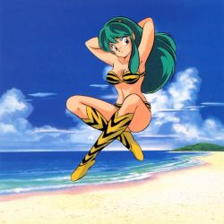 Rule 34 | 1980s (style), 1girl, animal print, armpits, arms behind head, arms up, beach, bikini, blue eyes, blue sky, boots, cone horns, crossed legs, day, eyeshadow, floating, food, full body, green hair, highres, horns, knee boots, levitation, looking at viewer, lum, makeup, ocean, official art, oldschool, oni, onigiri, outdoors, retro artstyle, sand, shore, sky, smile, solo, strapless, strapless bikini, swimsuit, tiger stripes, urusei yatsura, water