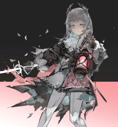 Rule 34 | 1girl, absurdres, arknights, black background, black dress, black gloves, dress, dual wielding, earrings, feathers, feet out of frame, gloves, grey eyes, grey hair, hands up, head wings, highres, holding, holding lantern, holding sword, holding weapon, irene (arknights), jewelry, jumbowhopper, lantern, long hair, long sleeves, looking at viewer, magazine (weapon), multicolored clothes, multicolored dress, pantyhose, pink background, pink dress, scabbard, scar, scar across eye, sheath, solo, standing, sword, two-tone dress, weapon, white dress, white pantyhose, wings