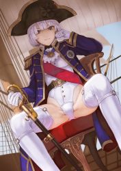 Rule 34 | 1girl, blue jacket, blue sky, blunt bangs, chair, closed mouth, commentary request, dutch angle, epaulettes, gloves, hand up, hat, highres, holding, holding sword, holding weapon, jacket, kaoming, leotard, lips, long sleeves, looking at viewer, medal, military, military uniform, naval uniform, open clothes, open jacket, outdoors, pink lips, purple eyes, purple hair, puzzle of empires, rapier, ship, short hair, sitting, sky, smile, solo, spread legs, sword, thighhighs, tricorne, uniform, watercraft, weapon, white gloves, white leotard, white thighhighs