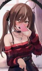 Rule 34 | 1girl, absurdres, ahoge, belt, black belt, black choker, black hair, black ribbon, black skirt, black sweater, blush, brown eyes, brown hair, cellphone, choker, hair ribbon, highres, holding, holding phone, hololive, hololive english, jewelry, karu (karusenpai), lace-trimmed choker, lace trim, looking at viewer, multicolored hair, nanashi mumei, nanashi mumei (emo), necklace, official alternate costume, phone, plaid, plaid skirt, red sweater, ribbon, selfie, skirt, smartphone, solo, streaked hair, striped clothes, striped sweater, sweater, torn clothes, torn sweater, two side up, virtual youtuber, white hair