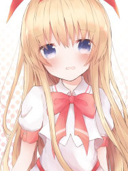Rule 34 | 1girl, amae koromo, blonde hair, blue eyes, blush, bow, bowtie, commentary request, flat chest, hair between eyes, hair ornament, hairband, hayu o0, long hair, looking at viewer, open mouth, red bow, red bowtie, red hairband, saki (manga), shirt, solo, tearing up, upper body, white shirt