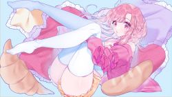Rule 34 | 1girl, :o, baguette, bread, breasts, cleavage, commentary, commission, croissant, floating, floating hair, food, highres, long hair, looking at viewer, medium breasts, mole, mole on breast, nini yuuna, open mouth, pillow, pink eyes, pink hair, pink sweater, shiguri, shorts, skeb commission, solo, sweater, symbol-only commentary, thighhighs, tsunderia, virtual youtuber, yellow shorts