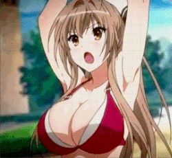 Rule 34 | 10s, 1girl, amagi brilliant park, animated, animated gif, armpits, bikini, bouncing breasts, breasts, brown hair, cleavage, huge breasts, lowres, sento isuzu, sexually suggestive, swimsuit