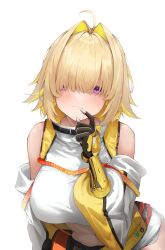 Rule 34 | absurdres, ahoge, black gloves, blonde hair, blush, breasts, closed mouth, clothing cutout, crop top, crop top overhang, cropped sweater, elegg (nikke), exposed pocket, finger to mouth, gloves, goddess of victory: nikke, grey shorts, hair intakes, hair over eyes, highres, hikimori 1, large breasts, leaning forward, long bangs, long sleeves, looking at viewer, micro shorts, multicolored clothes, multicolored gloves, multicolored hair, navel, purple eyes, short hair, shorts, shoulder cutout, simple background, smile, suspender shorts, suspenders, thighs, two-tone hair, yellow gloves