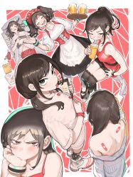 Rule 34 | 1girl, :d, absurdres, alcohol, annoyed, bandaid, bare shoulders, beer, beer mug, black dress, black footwear, blush, bracelet, breasts, brown hair, bukimi isan, cup, dress, drinking, drooling, dunant pilse, hand up, headdress, highres, holding, holding cup, jewelry, large breasts, long hair, long sleeves, lying, mug, multiple views, navel, off shoulder, on back, open mouth, phone, pillow, shirt, shy (series), smile, teeth, thighhighs, tongue, tongue out, upper teeth only, white shirt, white thighhighs