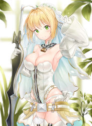 Rule 34 | 1girl, absurdres, ahoge, armpits, bare shoulders, belt, blonde hair, blush, breasts, chain, cleavage, commentary request, cowboy shot, detached collar, detached sleeves, fate/grand order, fate (series), flower, full-length zipper, garter straps, gloves, green eyes, hair intakes, hand up, highres, holding, holding sword, holding weapon, juliet sleeves, kitin, large breasts, leaf, leotard, lock, long sleeves, looking at viewer, nero claudius (bride) (fate), nero claudius (bride) (second ascension) (fate), nero claudius (fate), nero claudius (fate) (all), padlock, plant, puffy sleeves, short hair, smile, solo, sword, thighhighs, thighs, v, veil, weapon, white flower, white gloves, white leotard, white thighhighs, wide sleeves, zipper