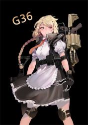 Rule 34 | 1girl, apron, assault rifle, bad id, bad twitter id, bandaid, bandaid on face, black background, black gloves, blonde hair, blue eyes, blush, braid, braided bangs, breasts, character name, cropped vest, dress, floating hair, g36 (girls&#039; frontline), girls&#039; frontline, gloves, grenade launcher, gun, h&amp;k g36, hair between eyes, hair ornament, highres, holding, holding gun, holding headdress, holding weapon, ihobus, load bearing equipment, long hair, maid, maid apron, maid headdress, medium breasts, milkor mgl, parted lips, revolver grenade launcher, rifle, sidelocks, simple background, single braid, smile, solo, tom clancy&#039;s the division, unworn headwear, very long hair, vest, watch, weapon