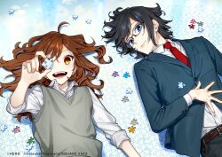 Rule 34 | 1boy, 1girl, belt, black hair, blazer, blue eyes, brown belt, brown hair, buttons, closed mouth, collared shirt, commentary request, glasses, grey sweater vest, hagiwara daisuke, hand on own stomach, holding puzzle piece, hori-san to miyamura-kun, hori kyouko, jacket, jigsaw puzzle, katagiri senior high school uniform, lapels, long hair, long sleeves, looking at another, looking at viewer, lying, medium hair, miyamura izumi, necktie, notched lapels, official art, on back, one eye covered, open collar, open mouth, orange eyes, puzzle, puzzle piece, red necktie, school uniform, second-party source, shirt, sweater vest, teeth, upper body, white shirt