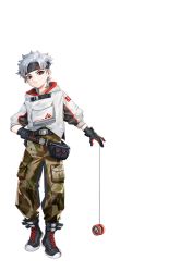 Rule 34 | 1boy, belt, black belt, black eyes, black footwear, black gloves, black headband, boots, camouflage, camouflage pants, cyrus (smc), fanny pack, gloves, grey hair, hair behind ear, headband, jacket, leaning to the side, looking to the side, male focus, official art, pants, red pupils, solo, super mecha champions, transparent background, white jacket, yo-yo