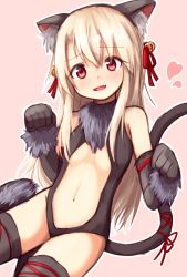 Rule 34 | 1girl, animal ears, baram, bell, black gloves, blonde hair, cat ears, dangeroes beast (illya), elbow gloves, eyebrows, fake animal ears, fate/kaleid liner prisma illya, fate (series), gloves, hair bell, hair ornament, hair ribbon, heart, illyasviel von einzbern, long hair, looking at viewer, official alternate costume, pink background, red eyes, red ribbon, ribbon, simple background, smile, solo, thighhighs