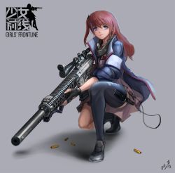 Rule 34 | 1girl, ar-15, black footwear, black gloves, blue jacket, blue thighhighs, brown hair, closed mouth, combat knife, copyright name, english text, fingerless gloves, full body, girls&#039; frontline, glint, gloves, grey background, gun, holding, holding gun, holding weapon, jacket, kneeling, knife, lion (dielion), logo, long hair, looking at viewer, md5 mismatch, one side up, open clothes, open jacket, resolution mismatch, rifle, scope, sheath, sheathed, shell casing, single thighhigh, sniper rifle, solo, source larger, st ar-15 (girls&#039; frontline), thighhighs, weapon