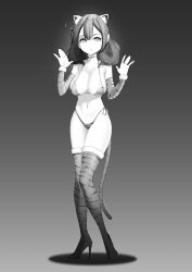 Rule 34 | 1girl, absurdres, animal ears, animal print, bikini, boots, breasts, cat ears, full body, grand summoners, greyscale, highres, lapleh (grand summoners), large breasts, looking at viewer, micro bikini, monochrome, navel, puppuppa, solo, standing, string bikini, swimsuit, tail, thigh boots, tiger print