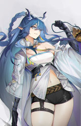 Rule 34 | 1girl, absurdres, arknights, belt, black gloves, black shorts, blue eyes, blue hair, braid, breasts, cleavage, closed mouth, coat, cowboy shot, detached collar, dragon horns, earrings, elbow gloves, eyes visible through hair, genera-x, gloves, gourd, grey background, hair over one eye, highres, holding, horns, jewelry, large breasts, ling (arknights), long hair, long sleeves, looking away, looking to the side, multicolored hair, navel, neckerchief, off shoulder, open clothes, open coat, pointy ears, revealing clothes, short shorts, shorts, simple background, single bare shoulder, smile, solo, streaked hair, thigh strap, thighs, two-tone hair, very long hair, white coat, white hair, wide sleeves, yellow neckerchief