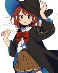 Rule 34 | 1girl, black coat, black hat, bow, bowtie, brown skirt, coat, collared shirt, cowboy shot, harumaru sk, hat, highres, long sleeves, miniskirt, open clothes, open coat, original, parted lips, pleated skirt, red bow, red bowtie, red eyes, red hair, school uniform, shirt, simple background, skirt, solo, standing, triangle, white background, white shirt, witch hat