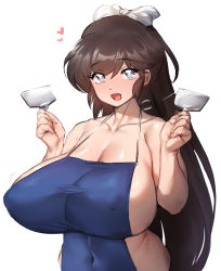 Rule 34 | 1girl, alternate breast size, apron, blue eyes, breasts, brown hair, cleavage, covered navel, hair ribbon, happy, highres, huge breasts, kuonji ukyou, long hair, looking at viewer, open mouth, ranma 1/2, ribbon, sideboob, simple background, smile, solo, spatula, thirty 8ght, white background