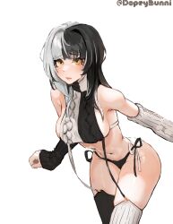 Rule 34 | 1girl, absurdres, black hair, black thighhighs, bow, breasts, detached sleeves, grey hair, groin, highres, hololive, hololive english, large breasts, long hair, meme attire, multicolored hair, navel, shiori novella, shy, sideboob, solo, split-color hair, thighhighs, thighs, thong, virgin destroyer sweater, virtual youtuber, white thighhighs, yellow eyes