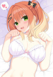 Rule 34 | 1girl, black bow, blush, bow, bra, breasts, breasts apart, collarbone, commentary, curvy, double-parted bangs, eyes visible through hair, frilled bra, frills, green eyes, hair between eyes, hair bow, hair ornament, hairclip, half updo, hamidashi creative, hands up, head tilt, heart, highres, large breasts, looking at viewer, lying, midriff, navel, on back, on bed, open mouth, paw pose, ryuukan ameri, side ponytail, sidelocks, smile, solo, speech bubble, spoken heart, star (symbol), star hair ornament, symbol-only commentary, underwear, underwear only, upper body, utsunomiya tsumire, white bra
