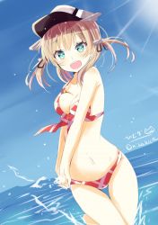 Rule 34 | 1girl, alternate costume, anchor hair ornament, bikini, blonde hair, blue eyes, blue sky, blush, breasts, cleavage, day, gradient sky, hair between eyes, hair ornament, hat, highres, hizaka, kantai collection, looking at viewer, low twintails, medium breasts, navel, ocean, one-hour drawing challenge, open mouth, outdoors, peaked cap, prinz eugen (kancolle), sky, smile, solo, sunlight, swimsuit, twintails