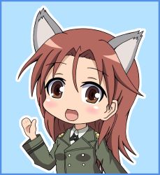Rule 34 | 1girl, animal ears, blush, brown eyes, chibi, highres, jacket, katyo drive, military uniform, minna-dietlinde wilcke, open mouth, red hair, strike witches, world witches series