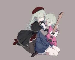 2girls absurdres bang_dream! bang_dream!_it&#039;s_mygo!!!!! beret black_capelet black_thighhighs blue_dress capelet choker collared_dress commentary_request dress dual_persona earrings frilled_choker frills full_body green_hair grey_background guitar hat high_heels highres holding holding_guitar holding_instrument hug hug_from_behind instrument jewelry kneeling lin_dong_zhiqing long_hair long_sleeves mortis_(bang_dream!) multiple_girls plaid_clothes plaid_dress red_footwear red_hat red_shorts see-through_clothes see-through_sleeves shorts sidelocks simple_background sitting smile thighhighs wakaba_mutsumi yellow_eyes