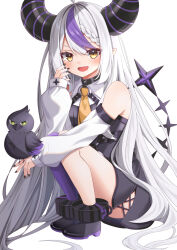 Rule 34 | 1girl, ankle cuffs, ascot, black horns, black nails, braid, braided bangs, breasts, crow (la+ darknesss), divergenceok, fang, highres, hololive, horns, la+ darknesss, la+ darknesss (1st costume), long hair, looking at viewer, multicolored hair, nail polish, pointy ears, purple hair, single braid, sleeves past fingers, sleeves past wrists, small breasts, streaked hair, striped horns, very long hair, virtual youtuber, yellow ascot