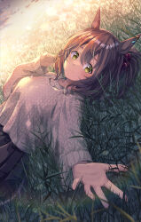 Rule 34 | 1girl, alternate costume, animal ears, aston machan (umamusume), black skirt, brown hair, closed mouth, commentary request, grass, green eyes, highres, horse ears, horse girl, long sleeves, looking at viewer, lying, murasaki himuro, no headwear, on back, on grass, on ground, outstretched arm, pleated skirt, shirt, skirt, smile, solo, umamusume, white shirt