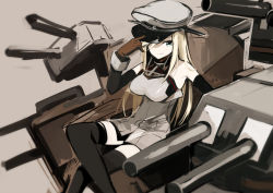 Rule 34 | 10s, 1girl, bad id, bad pixiv id, bismarck (kancolle), blonde hair, blue eyes, breasts, brown gloves, detached sleeves, gloves, hat, kantai collection, long hair, looking at viewer, military, military hat, military uniform, peaked cap, personification, rin (royal), smile, solo, thighhighs, uniform