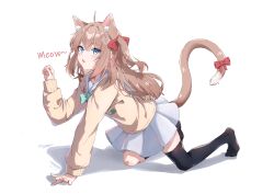 Rule 34 | 1girl, absurdres, ahoge, all fours, animal ears, arm up, bandaid, bandaid on knee, bandaid on leg, black socks, black thighhighs, blonde hair, blue eyes, blue sailor collar, blue skirt, blush, bow, bowtie, cardigan, cat ears, cat tail, chestnut mouth, extra ears, fang, full body, green bow, green bowtie, grey sailor collar, grey skirt, hair ornament, hair ribbon, hairclip, heart, heart hair ornament, highres, indie virtual youtuber, kneehighs, long hair, long sleeves, looking at viewer, meowing, morynatsu, neuro-sama, no shoes, open mouth, paw pose, pleated skirt, red ribbon, ribbon, sailor collar, school uniform, shadow, simple background, single kneehigh, single sock, single thighhigh, skirt, socks, solo, tail, tail ornament, tail ribbon, thighhighs, turtle, two side up, vedal987, virtual youtuber, white background, yellow cardigan