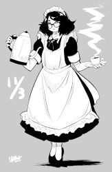 Rule 34 | 1girl, apron, bob cut, bow, cup, full body, glasses, grey background, greyscale, hadashi no kenji, highres, holding, holding kettle, holding plate, maid, maid headdress, medium hair, monochrome, original, plate, short sleeves, standing, steam, teacup, tiptoes