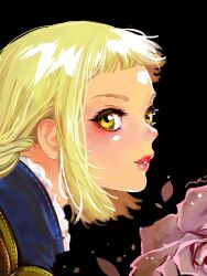 Rule 34 | 1girl, blonde hair, brown eyes, closed mouth, commentary, final fantasy, final fantasy xii, flower, lipstick, looking at viewer, makeup, mochi (hanamaruudondesu), penelo, rose, smile, solo