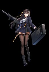 Rule 34 | 1girl, absurdres, assault rifle, brown hair, counter:side, full body, gloves, gun, highres, holding, holding gun, holding suitcase, holding weapon, karin wong, long hair, official art, ribbon, rifle, suitcase, suppressor, thighhighs, transparent background, weapon