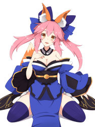 Rule 34 | 10s, 1girl, :d, absurdres, animal ears, bare shoulders, breasts, cleavage, detached sleeves, fate/extra, fate/grand order, fate (series), flan (zhd91), fox ears, fox tail, highres, japanese clothes, open mouth, pink hair, simple background, sitting, smile, solo, tail, tamamo (fate), tamamo no mae (fate/extra), thighhighs, twintails, wariza, white background, zettai ryouiki