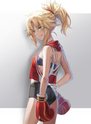 Rule 34 | 1girl, :q, ass, bare shoulders, black buruma, blonde hair, blue sports bra, blush, border, boxing gloves, braid, breasts, buruma, closed mouth, commentary, crop top, fate/apocrypha, fate (series), french braid, gradient background, green eyes, grey background, hair ornament, hair scrunchie, highres, licking lips, long hair, looking at viewer, mordred (fate), mordred (fate/apocrypha), ponytail, red scrunchie, red shirt, scrunchie, shirt, sidelocks, small breasts, smile, sports bra, thighs, tonee, tongue, tongue out, white border