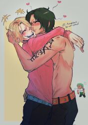 Rule 34 | 3boys, puff of air, anger vein, angry, azrael art, belt, black hair, black pants, blonde hair, blush, closed eyes, couple, freckles, green hair, hand on another&#039;s head, happy, happy tears, heart, highres, hug, kissing cheek, long sleeves, male focus, multiple boys, mutual hug, one piece, pants, portgas d. ace, roronoa zoro, sanji (one piece), short hair, smile, tears, topless, topless male, yaoi