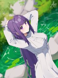 Rule 34 | 1girl, arms behind head, azisalter, blunt bangs, blurry, blurry foreground, breasts, closed mouth, commentary, corrupted twitter file, dress, dutch angle, fern (sousou no frieren), half updo, highres, large breasts, long hair, long sleeves, looking at viewer, outdoors, pond, purple eyes, purple hair, sidelocks, signature, solo, sousou no frieren, upper body, white dress