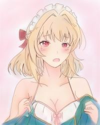 Rule 34 | artist request, blonde hair, bra, fith (overlord), highres, light blush, maid headdress, overlord (maruyama), red eyes, tagme, underwear, undressing, white background