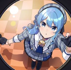 1girl beret blue_eyes blue_hair blush breasts camera_lens choker frilled_skirt frills from_above gloves grey_hat hair_between_eyes hair_ornament hat hololive hoshimachi_suisei hoshimachi_suisei_(1st_costume) jewelry long_hair looking_at_viewer medium_hair microphone nail_polish open_mouth plaid_clothes plaid_skirt plaid_vest ribbon shadow shinomiya_shino_(sinosino141) side_ponytail skirt solo star_(symbol) vest virtual_youtuber