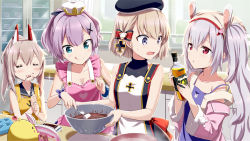 Rule 34 | 4girls, :q, alcohol, anchor symbol, animal ears, apron, ayanami (azur lane), azur lane, black dress, black ribbon, blue apron, blush, bottle, bow, breasts, camisole, chocolate, chocolate making, cleavage, closed eyes, cooking, cross, dress, fake animal ears, food, gotyou, green eyes, hair between eyes, hair bow, hair ornament, hair ribbon, hairband, hat, headgear, heart, high ponytail, holding, holding bottle, iron cross, jacket, javelin (azur lane), laffey (azur lane), licking, light brown hair, long hair, looking to the side, marshmallow, mini hat, mixing bowl, multiple girls, official art, open clothes, open jacket, open mouth, parted lips, pink apron, ponytail, purple eyes, purple hair, rabbit ears, red eyes, red hairband, ribbon, short hair, silver hair, sleeveless, sleeveless dress, smile, surprised, tongue, tongue out, twintails, valentine, very long hair, whisk, white apron, white headwear, yellow apron, z23 (azur lane)